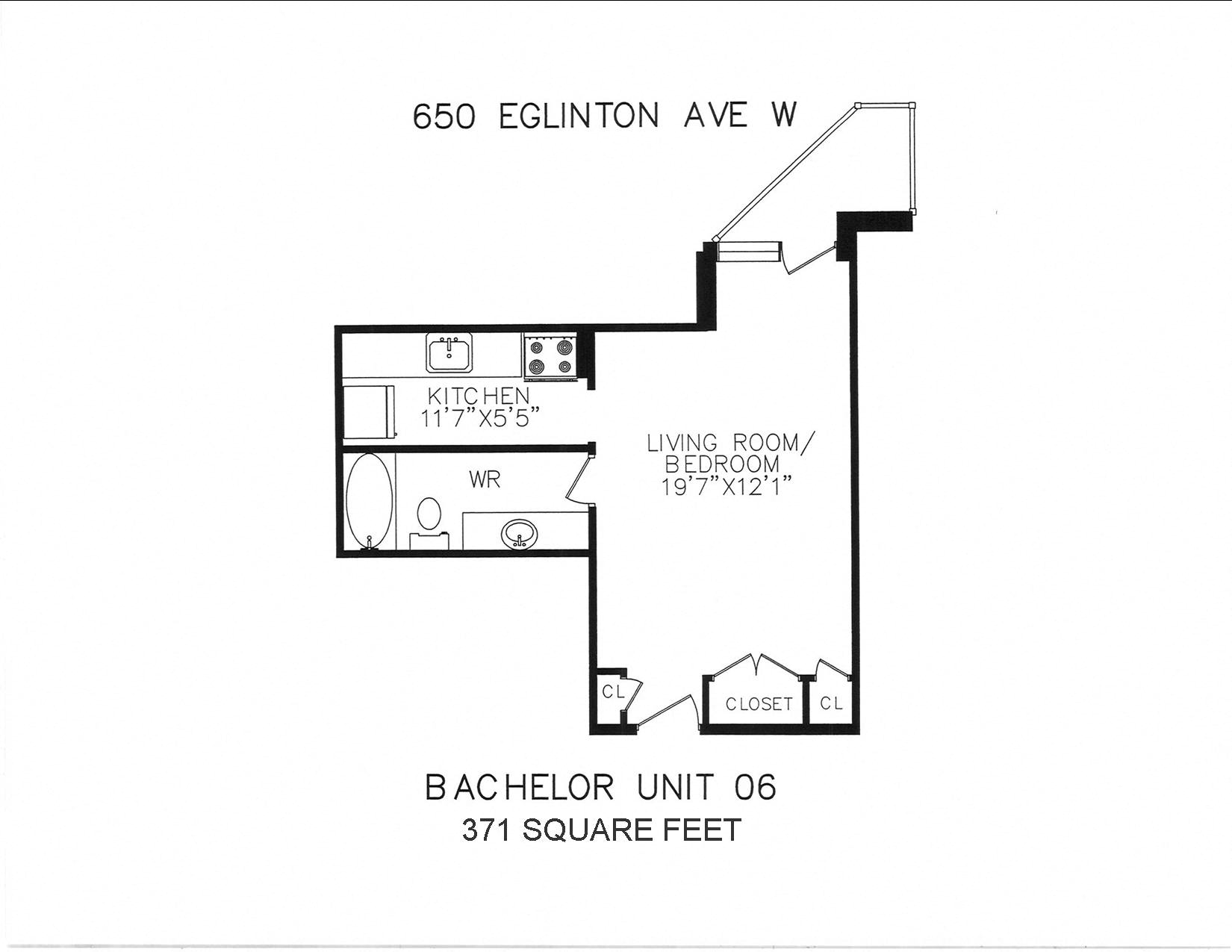 Floor plan for studio, 1 bath, 371 sqft